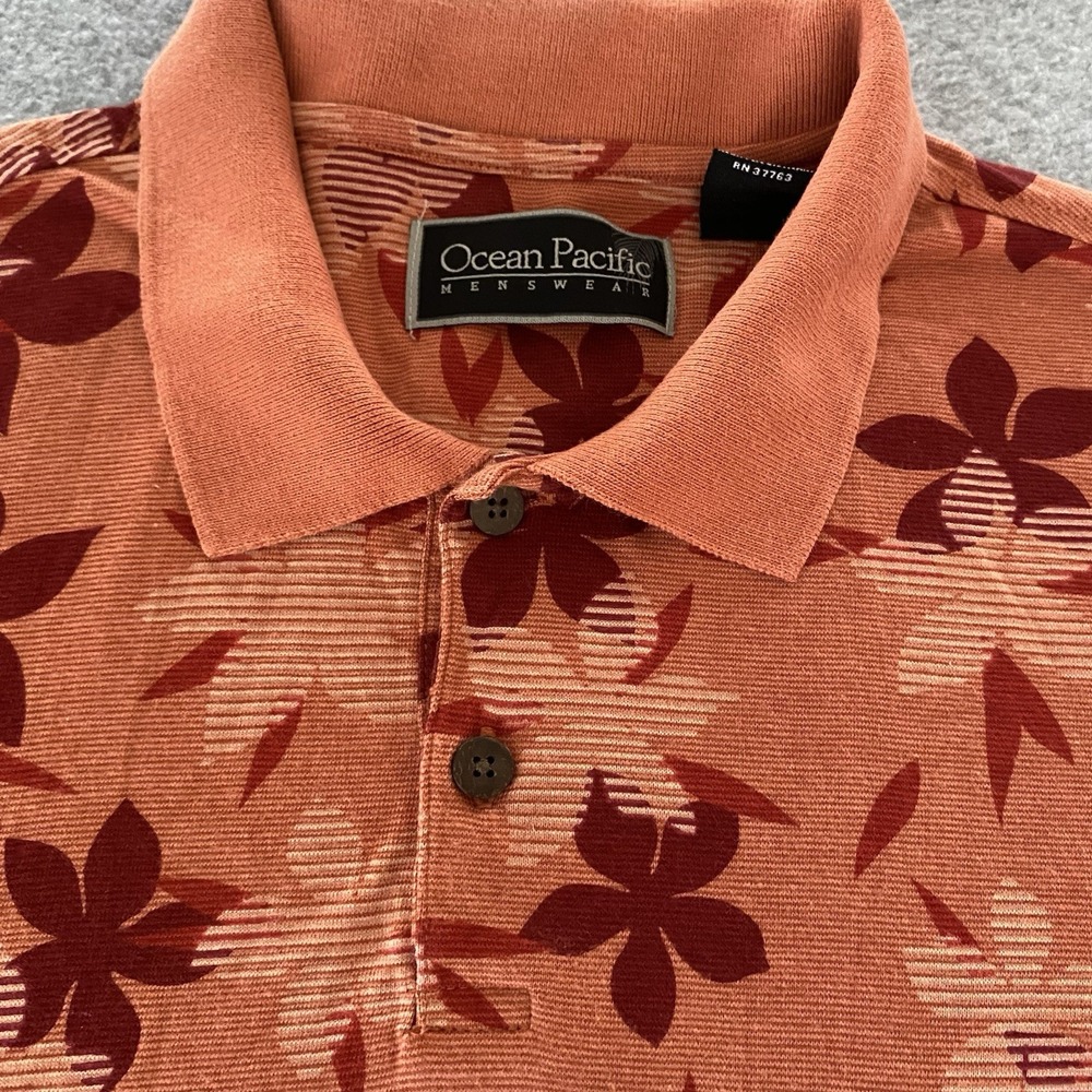 Ocean Pacific Menswear Polo Shirt Medium Orange Hawaiian Red Floral Travel - Picture 4 of 14